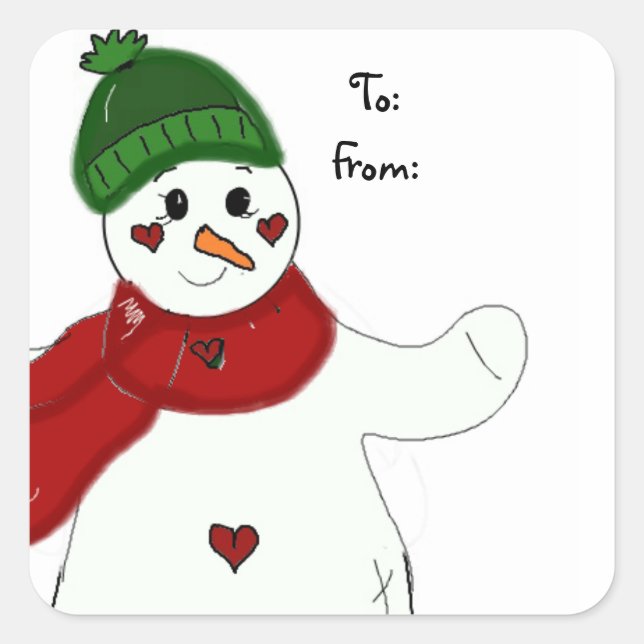 Jolly Waving Snowman Quadratischer Aufkleber (Vorderseite)