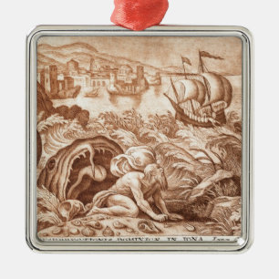 Jonas und der Wal, Illustration von einer Bibel, Silbernes Ornament