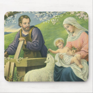 Josefs Werkstatt mit Maria und dem Baby Jesus Mousepad