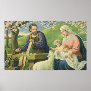 Josefswerkstatt mit Maria und Jesuskind Poster