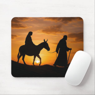 Joseph führt Maria und Esel bei Sonnenuntergang Mousepad