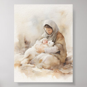 Joseph Holding Lamb und Baby Jesus Wasserfarbe Kun Poster