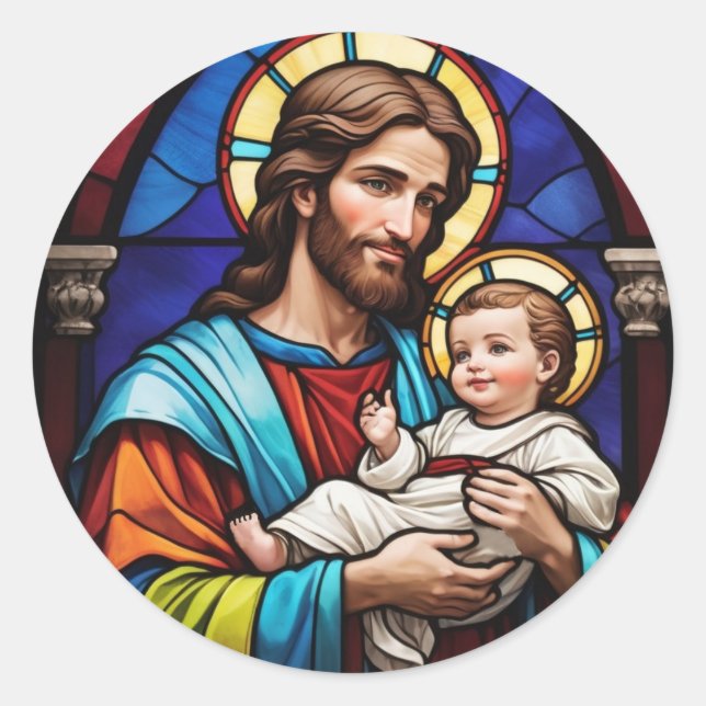 Joseph und Baby Jesus Christlich gestettetes Glas Runder Aufkleber (Vorderseite)