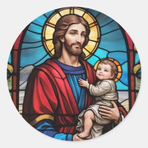 Joseph und Baby Jesus Christlich gestettetes Glas Runder Aufkleber