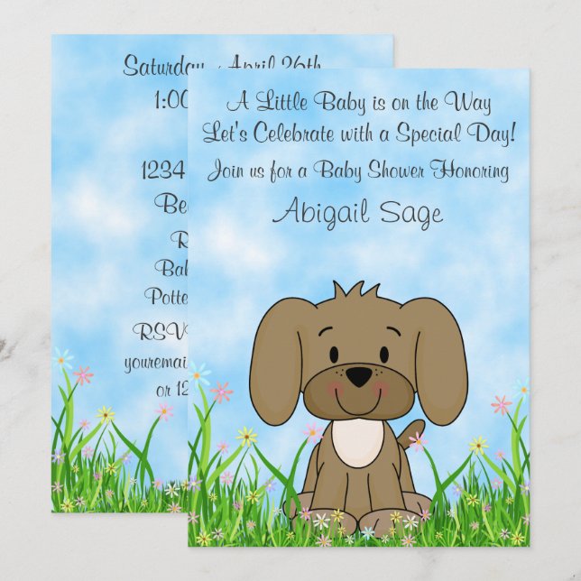 Jote Chien Chien et Fleurs Brown Invitation Baby s (Devant / Derrière)