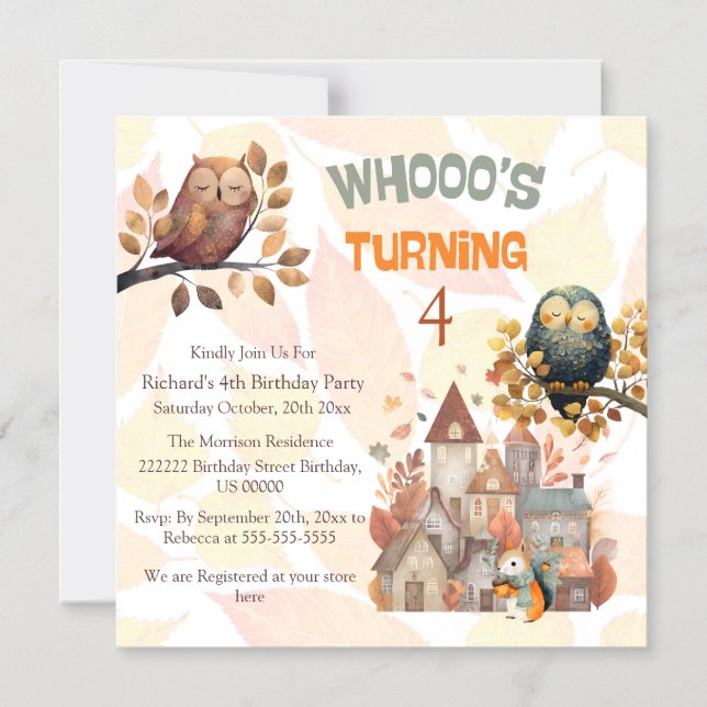 Jote Fall Owl/Squirrel Boy Invitation Anniversaire (Recto)