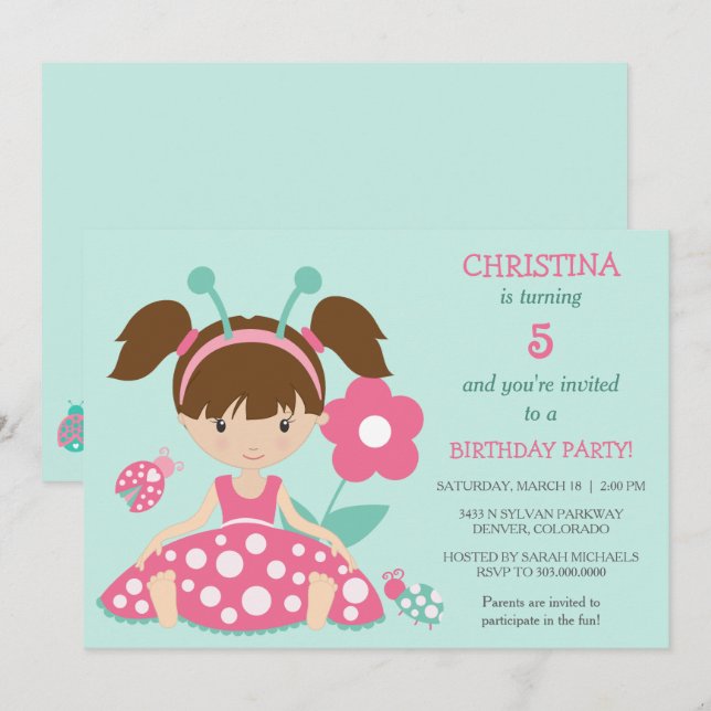 Jote Ladybug Girls Anniversaire Invitation (Devant / Derrière)