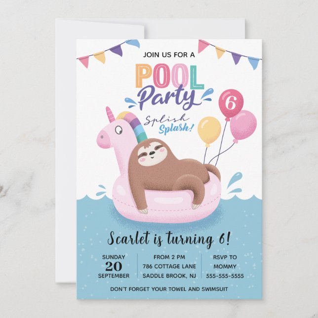 Jote Sloth Pool Party Anniversaire Invitation (Devant)