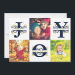 Joto Collage White and Blue Christmas Feiertagskarte<br><div class="desc">Diese auf der Rückseite so gut aussehende Urlaubsfotokarte hat 4 Platzhalter für Ihre Lieblings-Fotos. Sie können vorne 3 quadratische Fotos und hinten ein volles Foto mit Blutung hinzufügen. Das Design auf der Vorderseite ist weiß und blau mit dem Wort "JOY" in extravaganter Aufschrift mit goldenen Sternen geschrieben. Die Vorlage macht...</div>