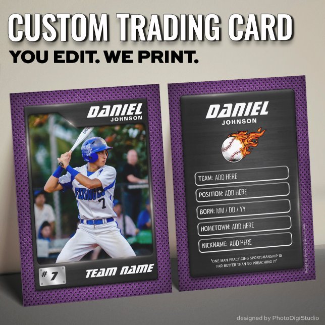 Joueur de baseball de la carte de baseball violet (Custom Baseball Trading Card, Modern Purple Player Card)