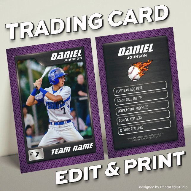 Joueur de baseball de la carte de baseball violet (Purple Baseball Trading Card, Custom Trading Card for Baseball Player and Teams)