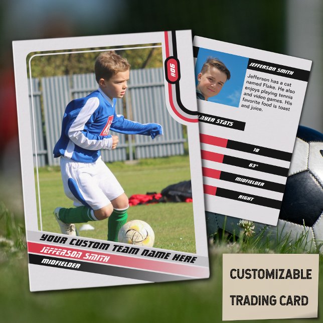 Joueur de soccer carte de commerce gris clair roug (Soccer Player Trading Card in Light Grey with Custom Team Name and Red Black Elements)