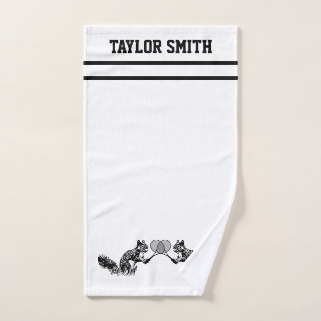 Joueur de tennis d'écureuil noir et blanc avec tex (Serviette à main)