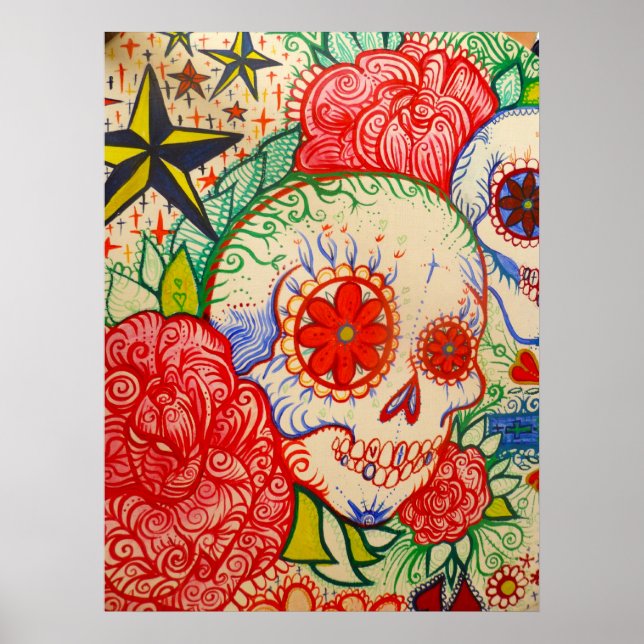 jour de fleur de crâne de sucre de l'art poster mo (Devant)