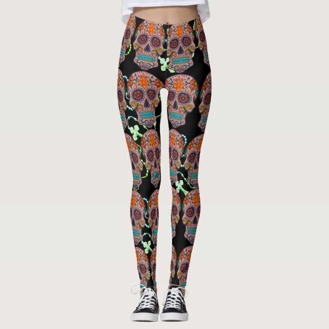 Jour de la mort crâne de sucre Rosaire Leggings (Devant)
