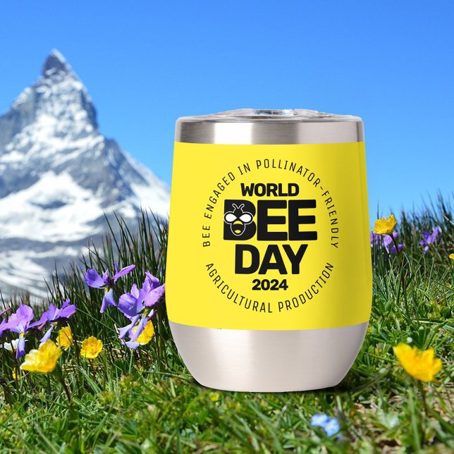 Jour mondial de l'abeille Pollinateur noir jaune (World Bee Day Yellow Black Pollinator Insulated Stemless Wine Tumbler Cover Photo.)