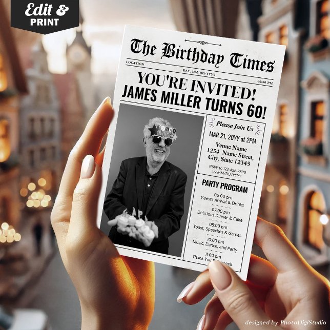 Journal 60e anniversaire de fête Invitation et pro (60th Birthday Newspaper Invitations with Program)