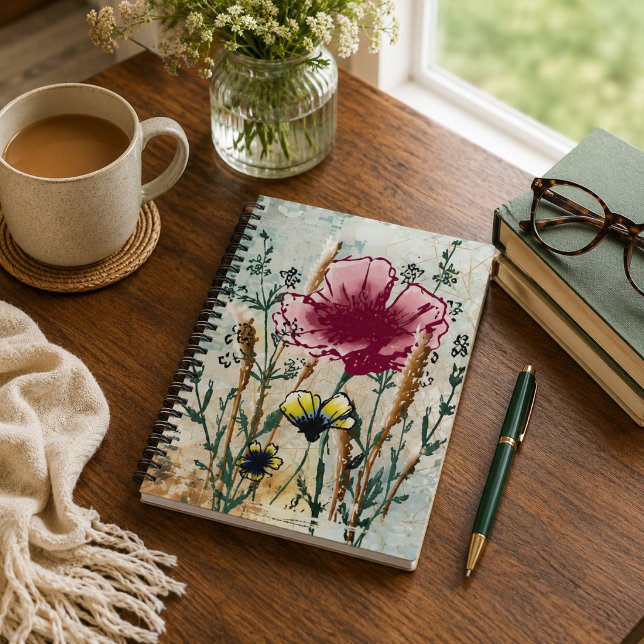 Journal à couverture rigide Fleur Sauvage (Wildflower journal with botanical artwork on a sunlit writing desk.)