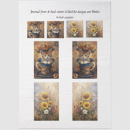 Journal Cover Cat in Cup & Sunflowers & Coasters  Seidenpapier