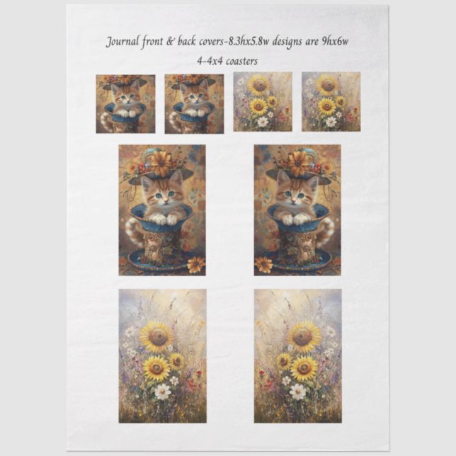 Journal Cover Cat in Cup & Sunflowers & Coasters  Seidenpapier (Vorderseite)