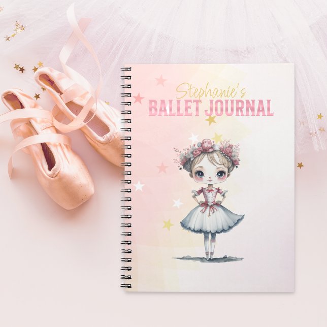 Journal de ballet de cétacés roses pour une fille (Pink personalisable Ballet Journal notebook beside ballet slippers and tutu. Nutcracker Suite theme.)
