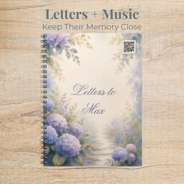 Journal de deuil pour animaux avec code QR de list (Pet grief journal with watercolor hydrangeas and a QR code linking to a curated remembrance playlist)