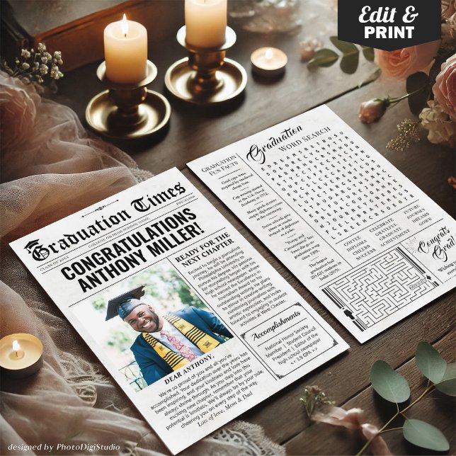Journal de graduation personnalisé Carte de gradua (Custom Graduation Newspaper, Graduation Announcement Card)