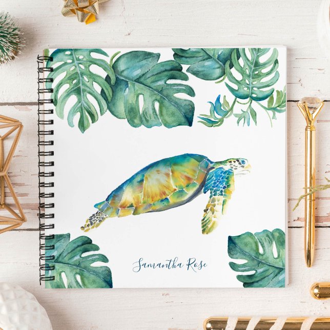 Journal personnalisé de la tortue marine aquarelle (Cute notebooks personalized watercolor sea turtle and palm leaves by Victoria Grigaliunas)