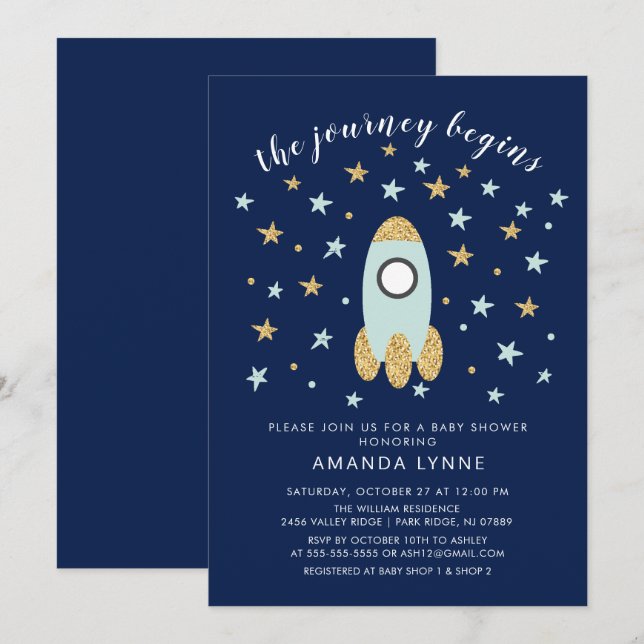 Journey beginnt Rocket Boys Baby Shower Einladung (Vorne/Hinten)