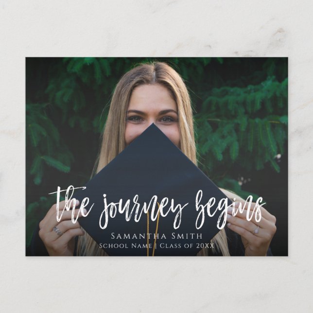 Journey Begins Modern Calligraphy Foto Abschluss Einladungspostkarte (Vorderseite)