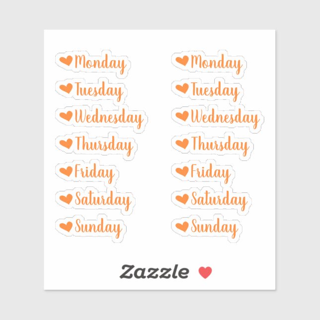 Jours de la semaine Stickers Orange Heart Planner (Feuille)
