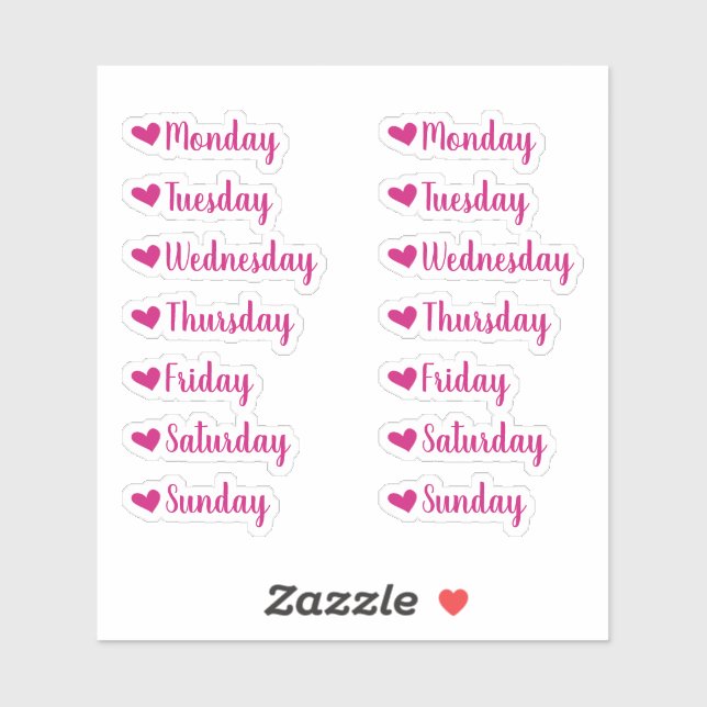 Jours de la semaine Stickers Pink Heart Planner (Feuille)