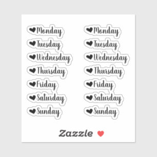 Jours de la semaine Stickers Planner Coeur Noir