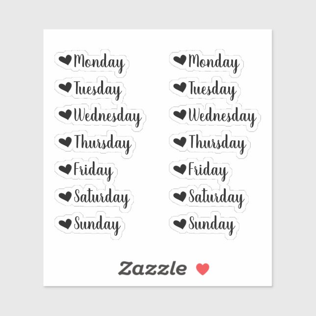 Jours de la semaine Stickers Planner Coeur Noir (Feuille)