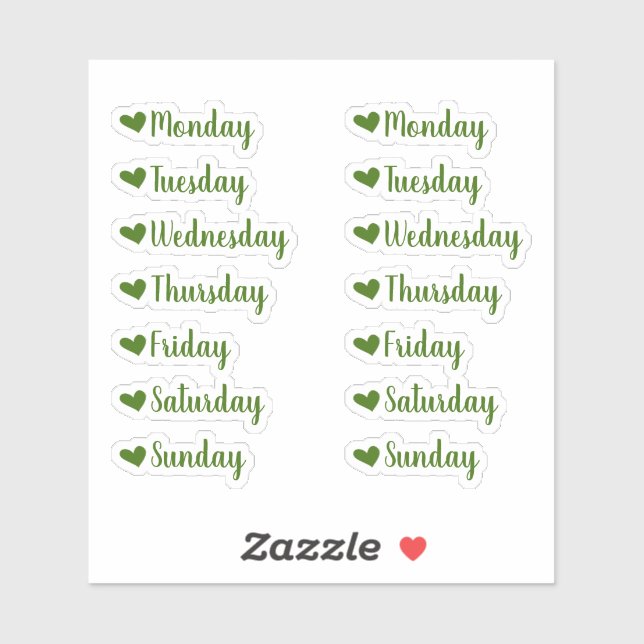 Jours de la semaine Stickers Planner Coeur Vert (Feuille)