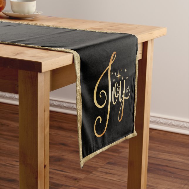 "Joy" Black Gold Script Elegante Weihnachtsfeierta Kurzer Tischläufer (Beispiel)