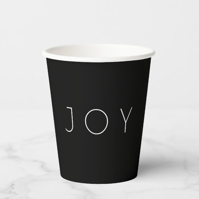Joy Black Modern Minimalistisch Typografy Holiday Pappbecher (Vorderseite)