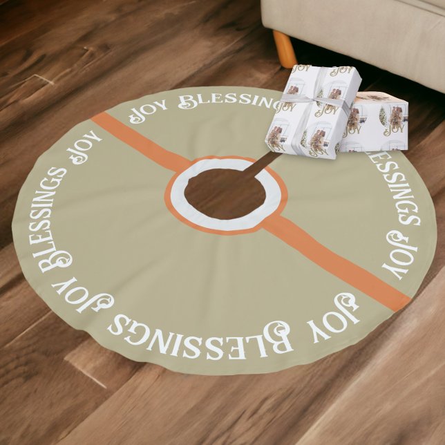 Joy Blessing Mutes Sage Green Orange Weihnachten Polyester Weihnachtsbaumdecke (Joy Blessing Muted Sage Green Orange Christmas Brushed Polyester Tree Skirt from Ricaso)