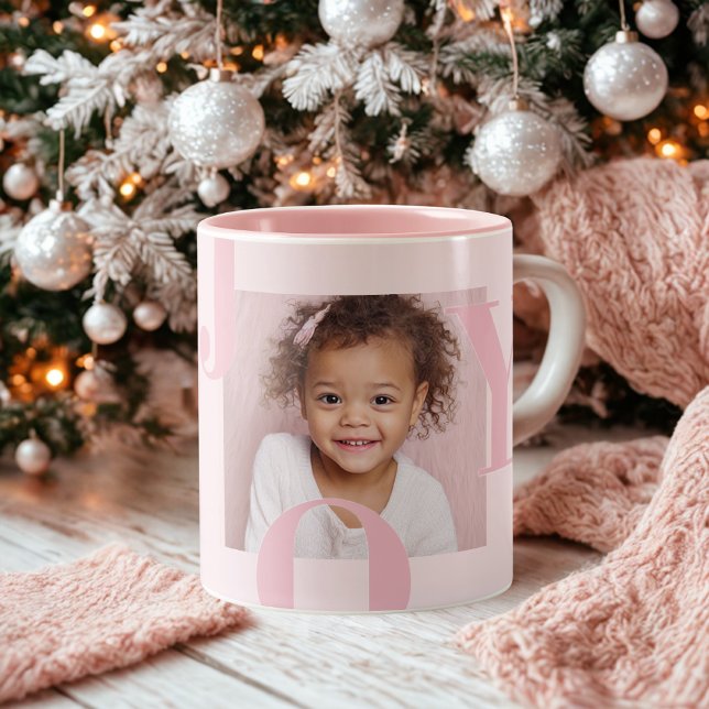 JOY Blush Pink Christmas | Personalized Photo Zweifarbige Tasse (Von Creator hochgeladen)