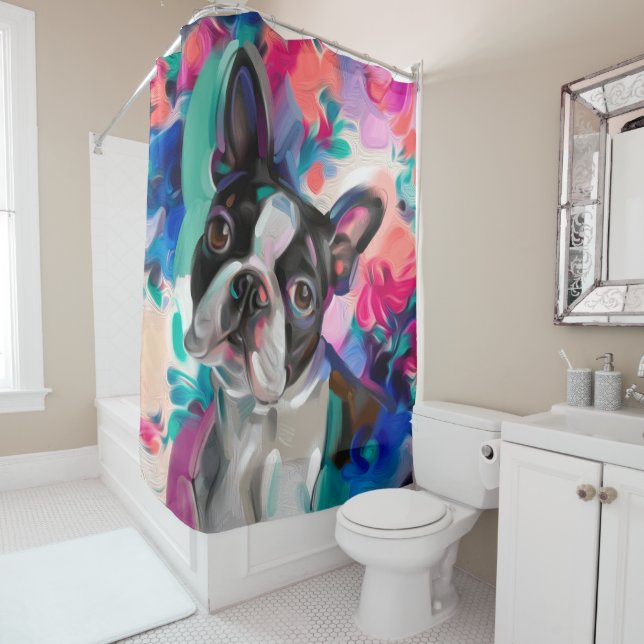"Joy" Boston Terrier bunter Duschvorhang (Beispiel)