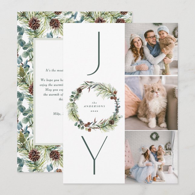 JOY Botanical Pine Wreath Foto Collage Weihnachten (Vorne/Hinten)