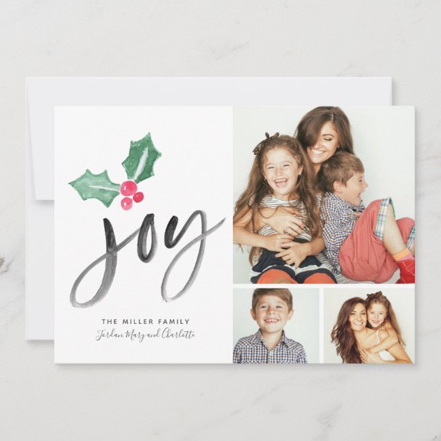 Joy Brush Script Holiday | Weihnachts-3-Foto-Karte (Vorderseite)
