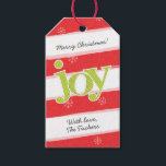 JOY Candy Cane Stripes Christmas Red Green Geschenkanhänger<br><div class="desc">Dieses Weihnachtsmarkendesign in traditionellem Rot und Grün zeigt das Wort "Freude" in lustiger Typografie über bemalte, mit weißen Schneeflocken bemalte Rohrstreifen. Kontaktieren Sie uns, wenn Sie dieses Design für Ihre spezifische Anzahl von Fotos modifiziert haben möchten oder wenn Sie dieses Design für ein bestimmtes Produkt benötigen, um ein passendes Objekt...</div>