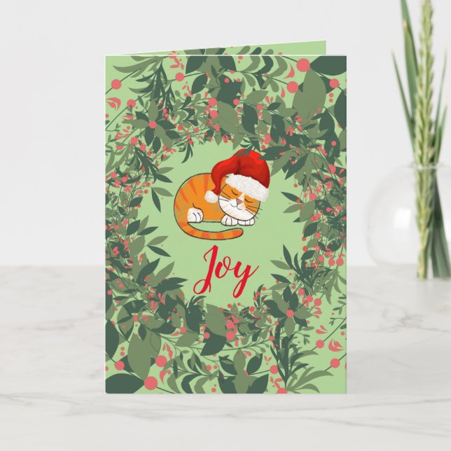 Joy Cat Holidays Wreath Blätter Pink Green Red Karte (Vorderseite)