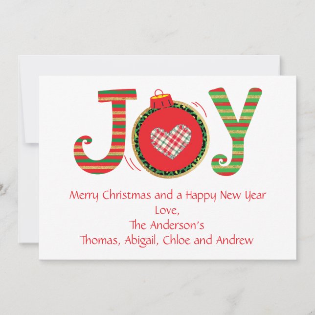 Joy Christmas Card, Red Green Gold Personalize (Vorderseite)