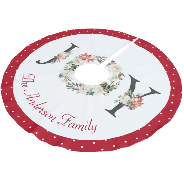 JOY Christmas Floral Wreath Custom Polyester Weihnachtsbaumdecke (Schrägansicht)