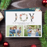 JOY Christmas Floral Wreath Zwei Fotos Collage Feiertagskarte<br><div class="desc">Mit dieser "JOY Typografy Poinsettia Floral Wreath Foto Collage Holiday Card" können Sie Ihre Grüße der Saison verteilen. Es ist einfach, sich selbst zu personalisieren, um einzigartig zu sein. (1) Für weitere Anpassungen klicken Sie bitte auf den Link "Weiter anpassen" und verwenden Sie unser Designwerkzeug, um diese Vorlage zu ändern....</div>