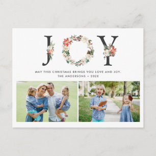 JOY Christmas Floral Wreath Zwei Fotos Collage Postkarte