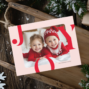 JOY Christmas Foto   Moderne Rot-Rosa-Familie Postkarte