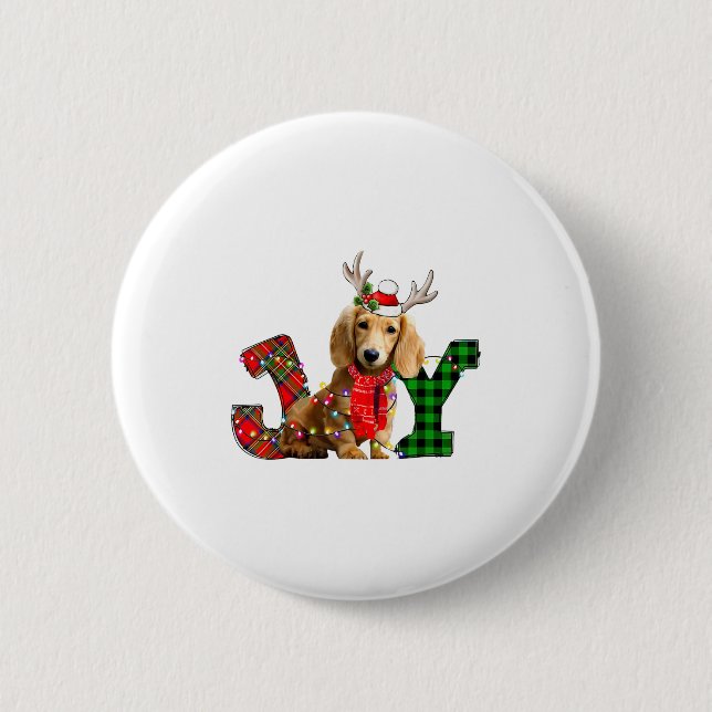 Joy Christmas Lights Long Haired Dachshund Dog San Button (Vorderseite)